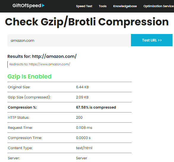 GZIP Compression result on Giftospeed