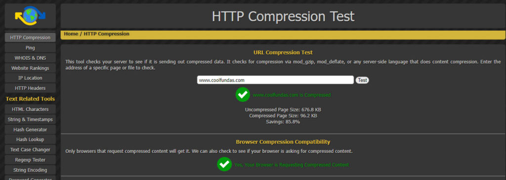 GZIP Compression result on Whatsmyip