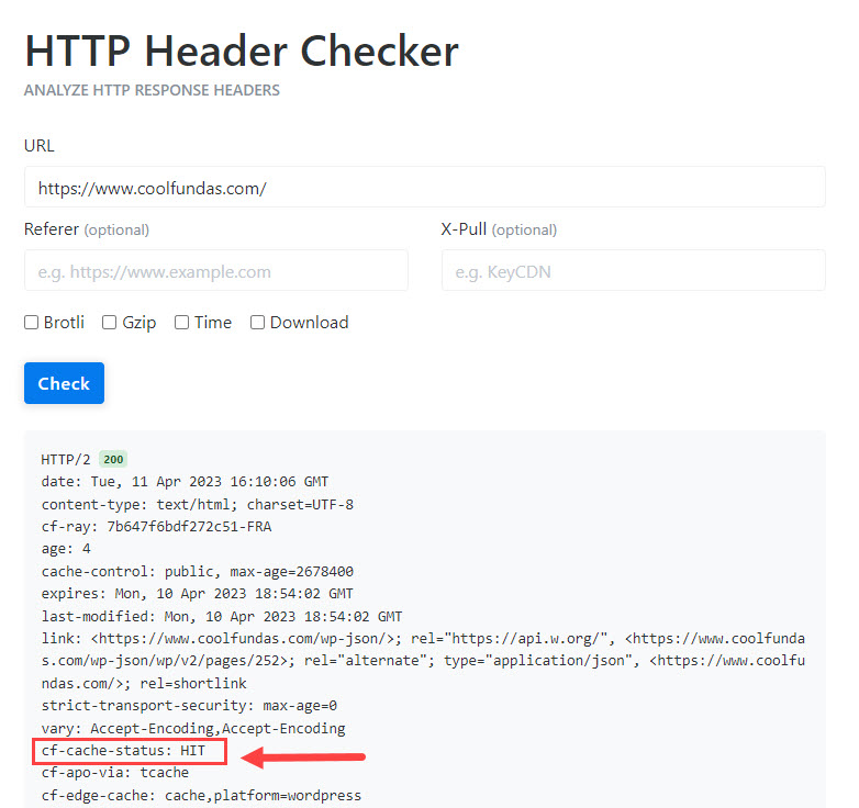Cache status using HTTP Header Checker tool