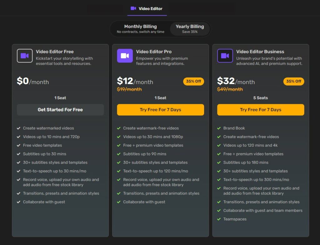 Simplified's Video Editor Pricing