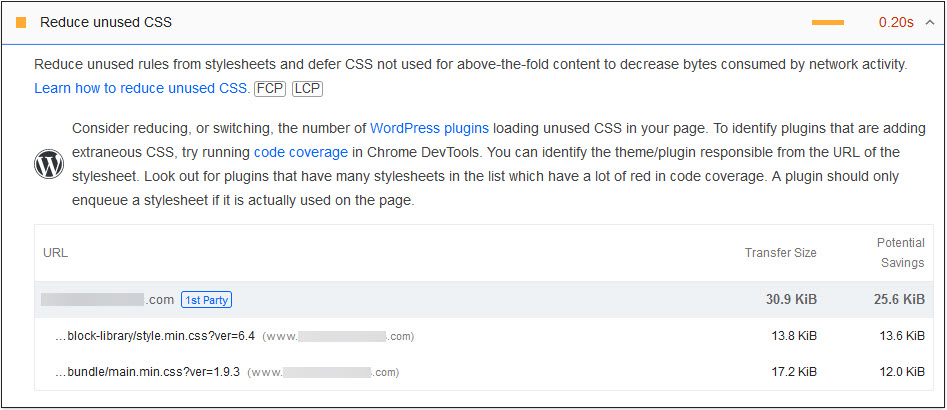Remove Unused CSS Pagespeed Report 1